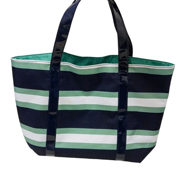 Estee Lauder Summer Tote Bag Large GREEN BLUE Striped Preppy Travel Office Beach - Picture 3 of 11